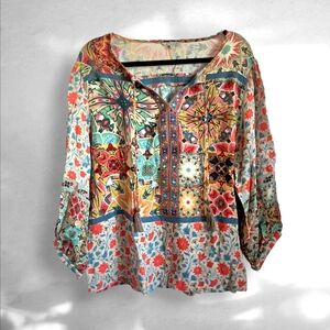 John Mark Women's Boho Tassel Tie Tunic 3/4 Quarters Sleeve Large EUC